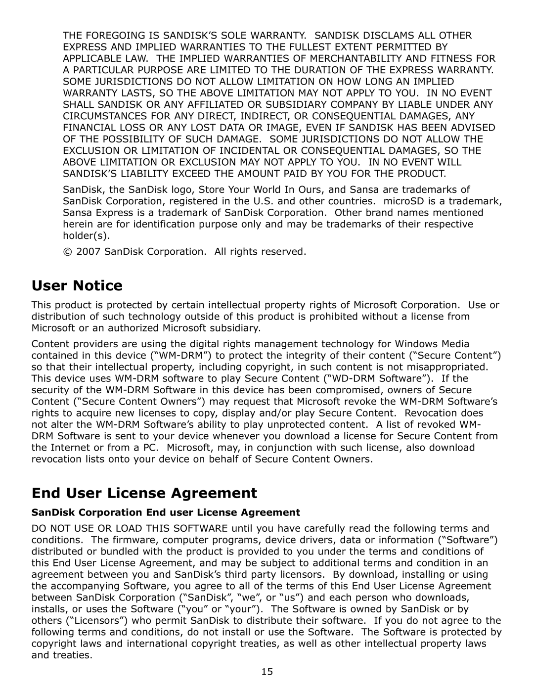 SanDisk c200 user manual User Notice, End User License Agreement, SanDisk Corporation End user License Agreement 