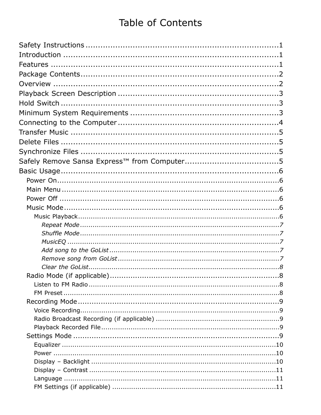 SanDisk c200 user manual Table of Contents 