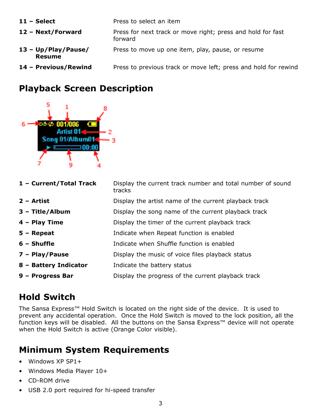 SanDisk c200 Playback Screen Description, Hold Switch, Minimum System Requirements, Previous/Rewind, Progress Bar 