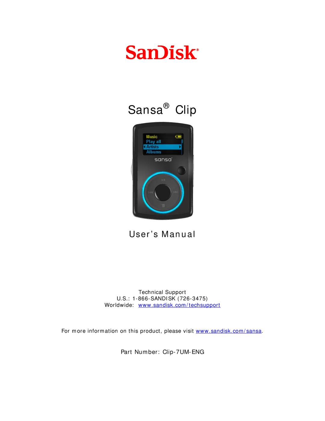 SanDisk Clip-7UM-ENG user manual Sansa Clip 