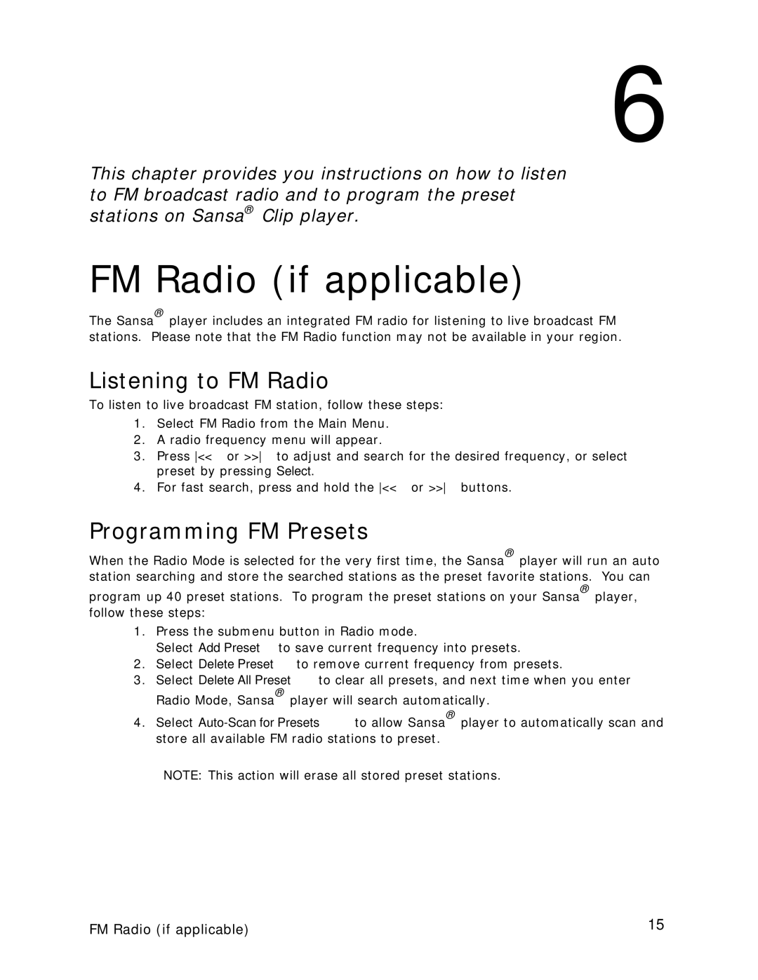 SanDisk Clip-7UM-ENG user manual FM Radio if applicable, Listening to FM Radio, Programming FM Presets 