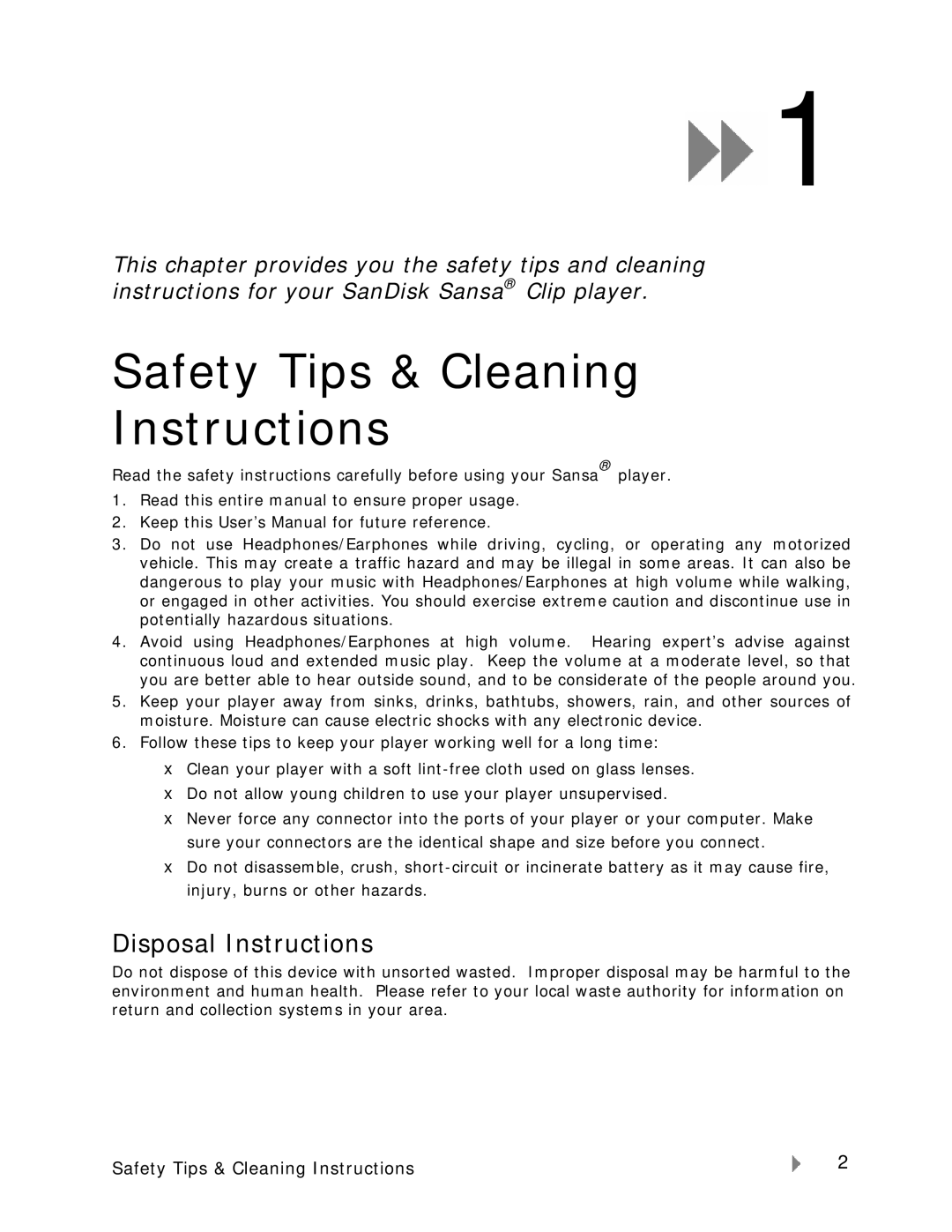 SanDisk Clip-7UM-ENG user manual Safety Tips & Cleaning Instructions, Disposal Instructions 