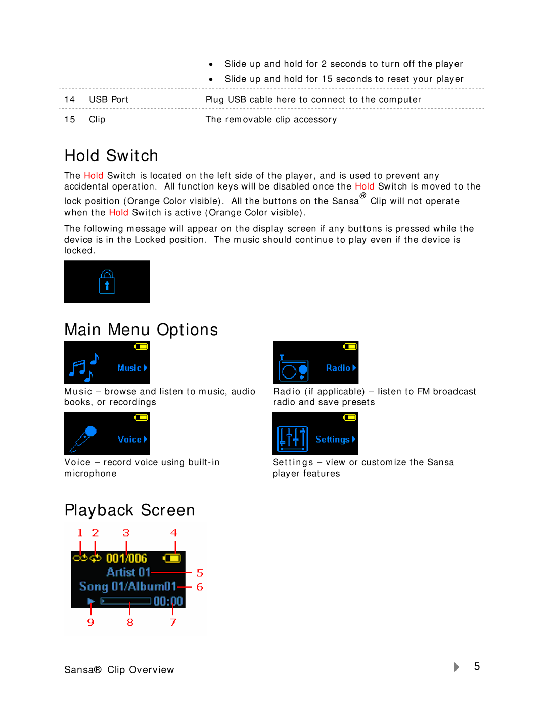 SanDisk Clip-7UM-ENG user manual Hold Switch, Main Menu Options, Playback Screen 