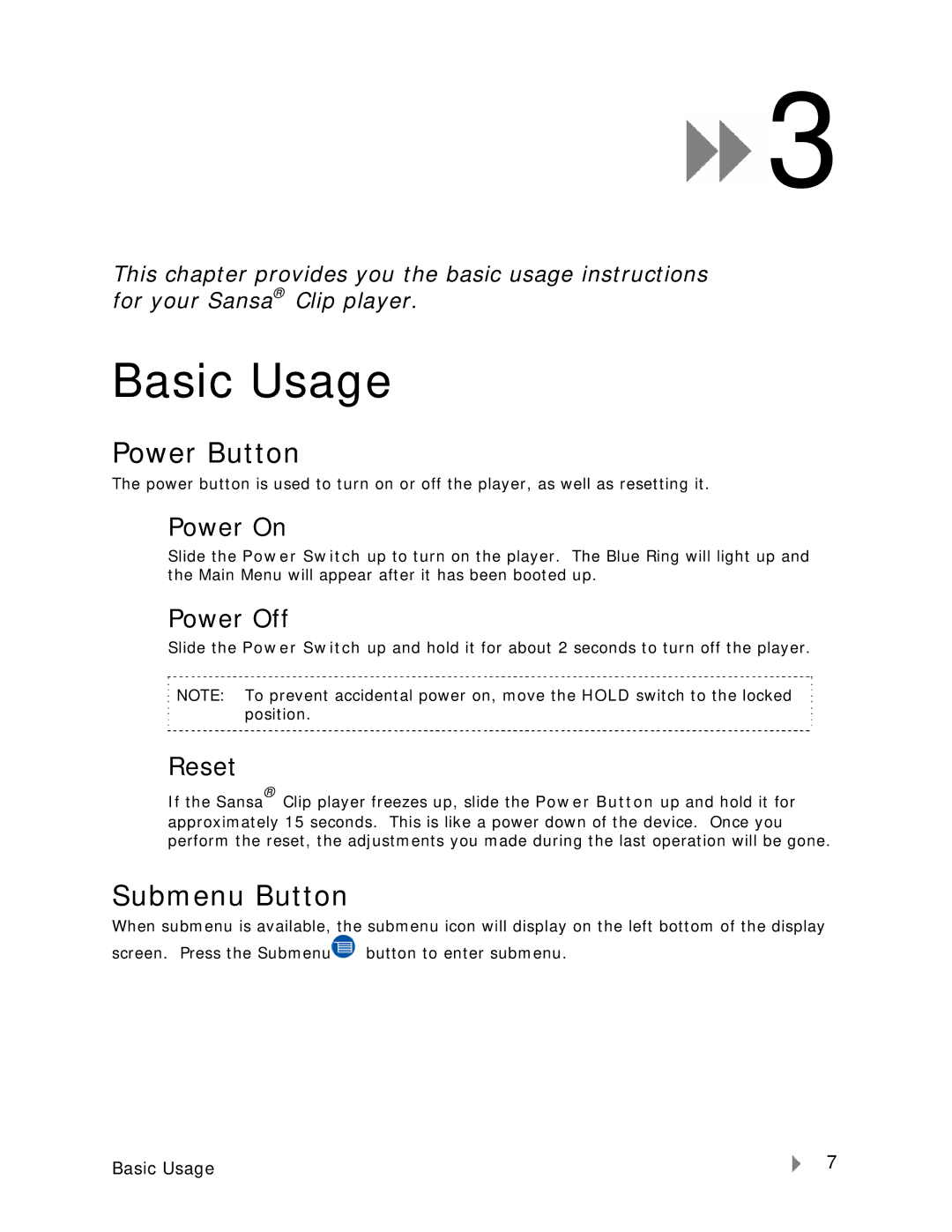 SanDisk Clip-7UM-ENG user manual Basic Usage, Power Button, Submenu Button 