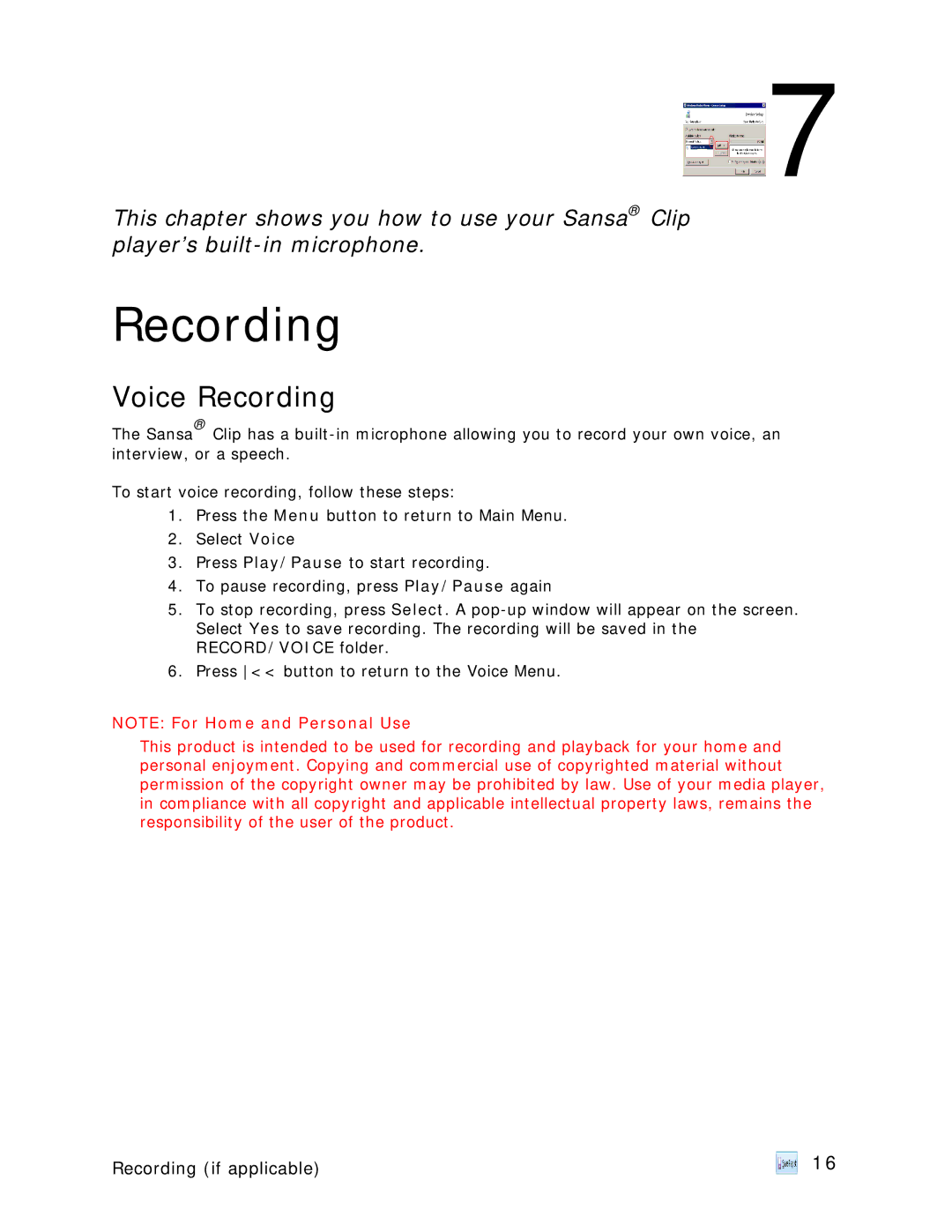 SanDisk Clip-UM608-ENG user manual Voice Recording 