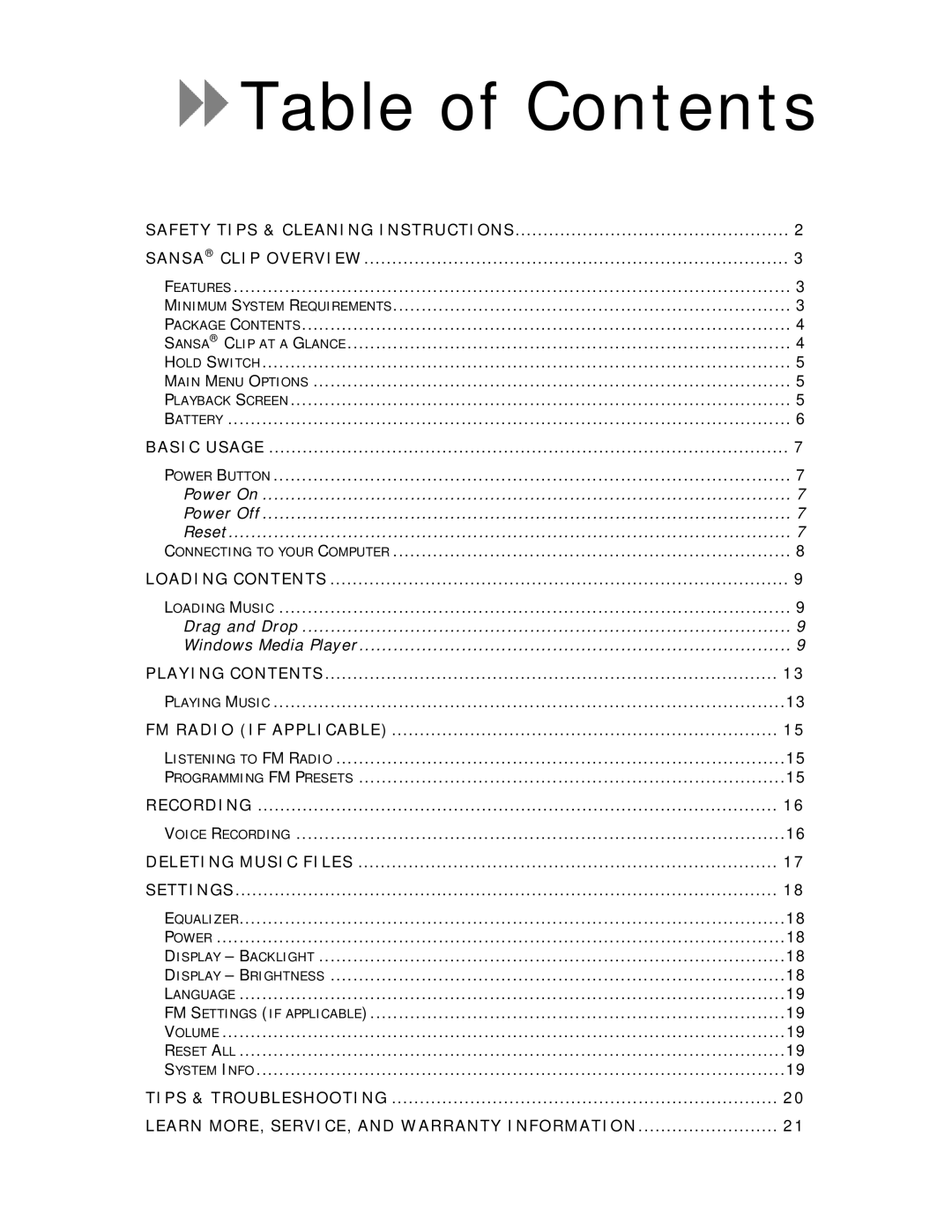 SanDisk Clip-UM608-ENG user manual Table of Contents 