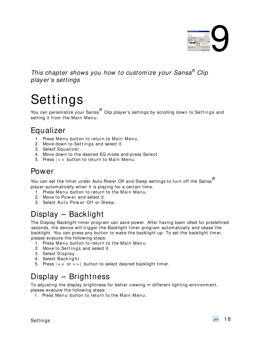 SanDisk Clip-UM608-ENG user manual Settings, Equalizer, Power, Display Backlight, Display Brightness 