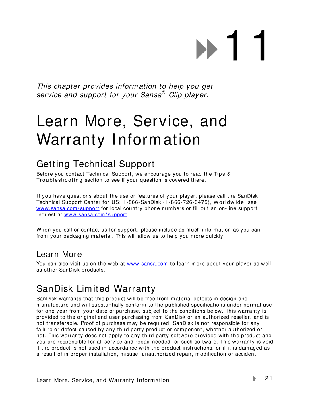 SanDisk Clip-UM608-ENG Learn More, Service, and Warranty Information, Getting Technical Support, SanDisk Limited Warranty 