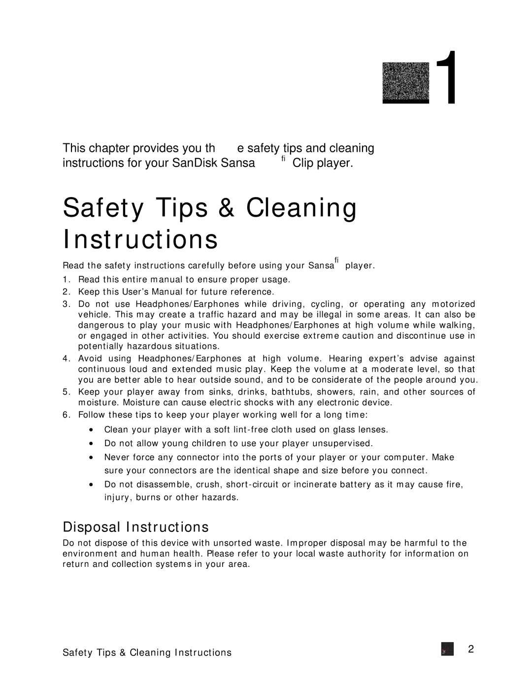 SanDisk Clip-UM608-ENG user manual Safety Tips & Cleaning Instructions, Disposal Instructions 