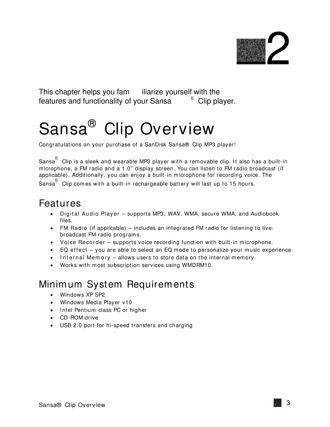 SanDisk Clip-UM608-ENG user manual Sansa Clip Overview, Features, Minimum System Requirements 