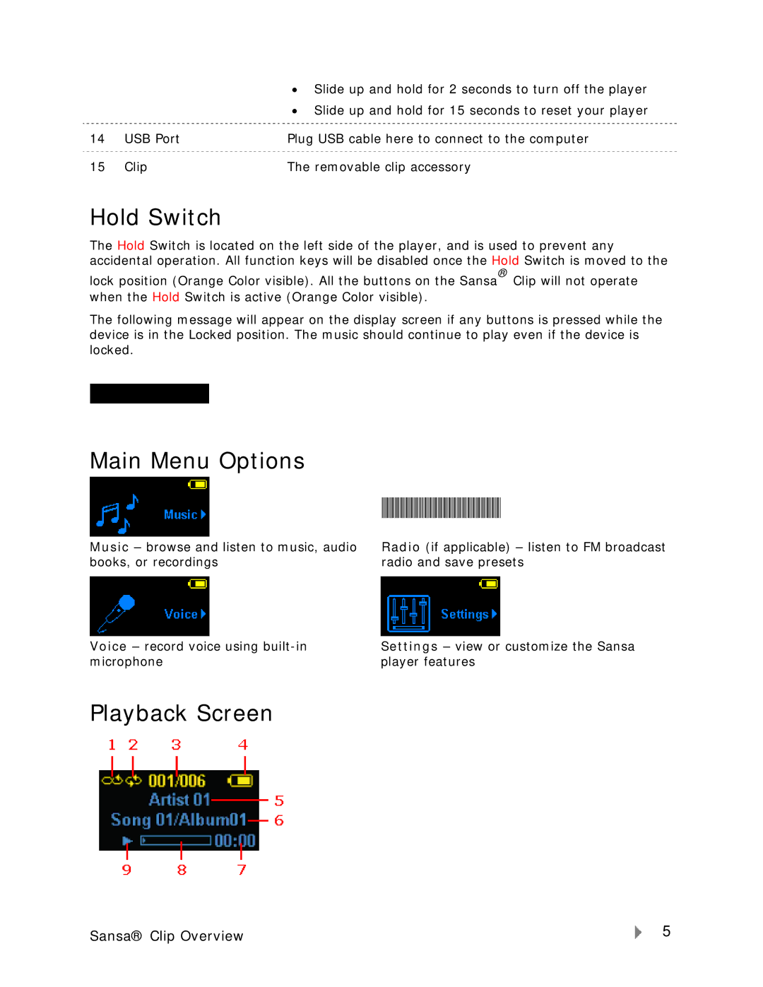 SanDisk Clip-UM608-ENG user manual Hold Switch, Main Menu Options, Playback Screen 