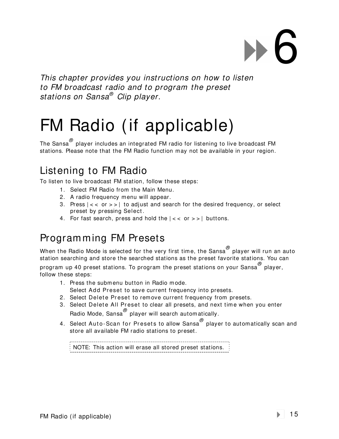 SanDisk Clip user manual FM Radio if applicable, Listening to FM Radio, Programming FM Presets 