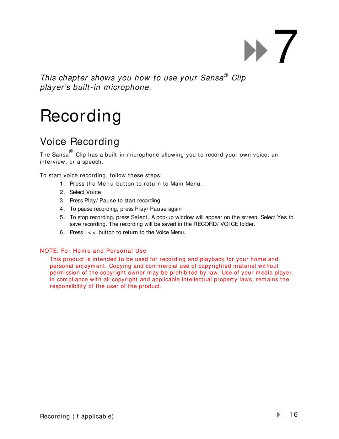 SanDisk Clip user manual Voice Recording 