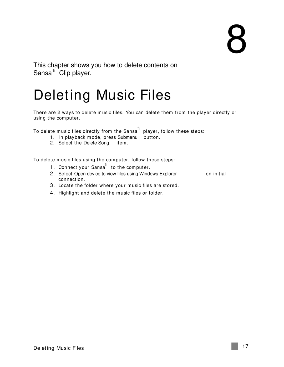 SanDisk Clip user manual Deleting Music Files 