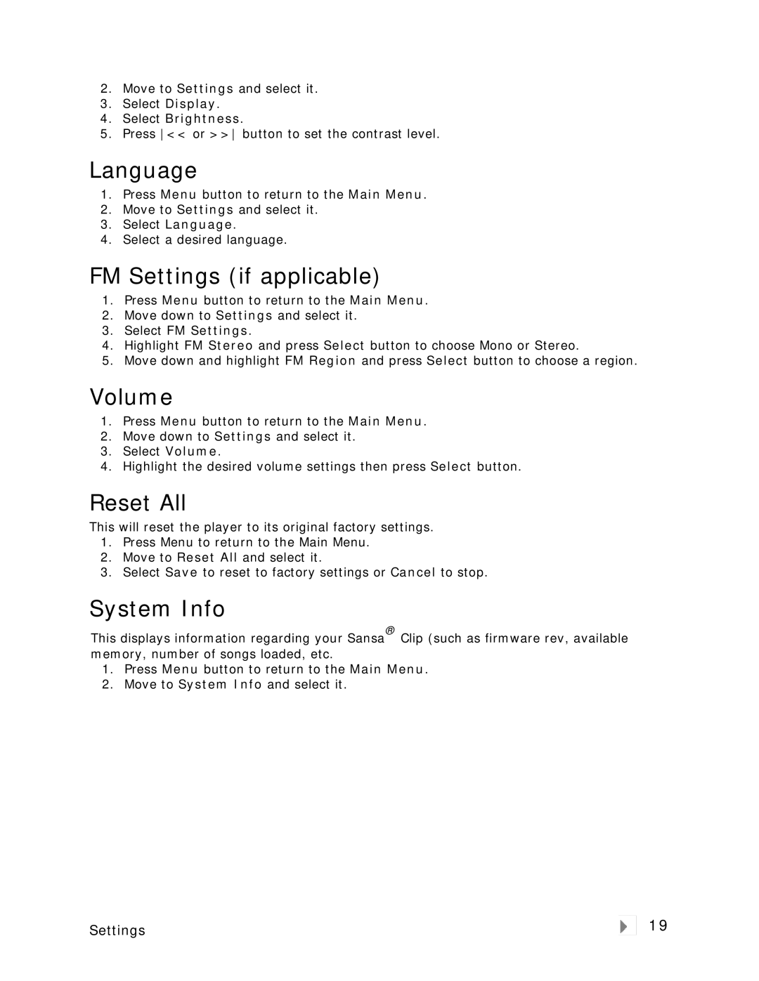 SanDisk Clip user manual Language, FM Settings if applicable, Volume, Reset All, System Info 