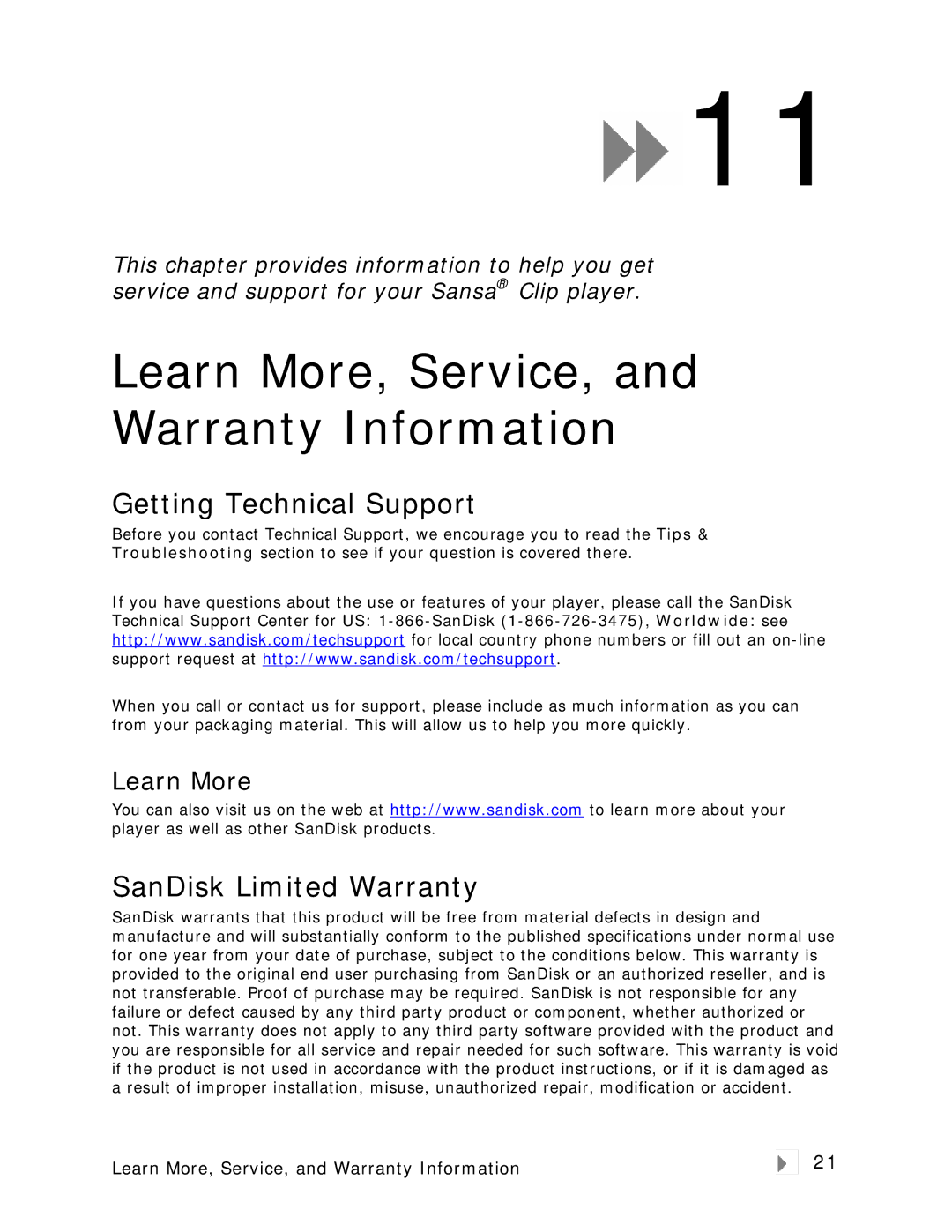 SanDisk Clip user manual Learn More, Service, and Warranty Information, Getting Technical Support, SanDisk Limited Warranty 