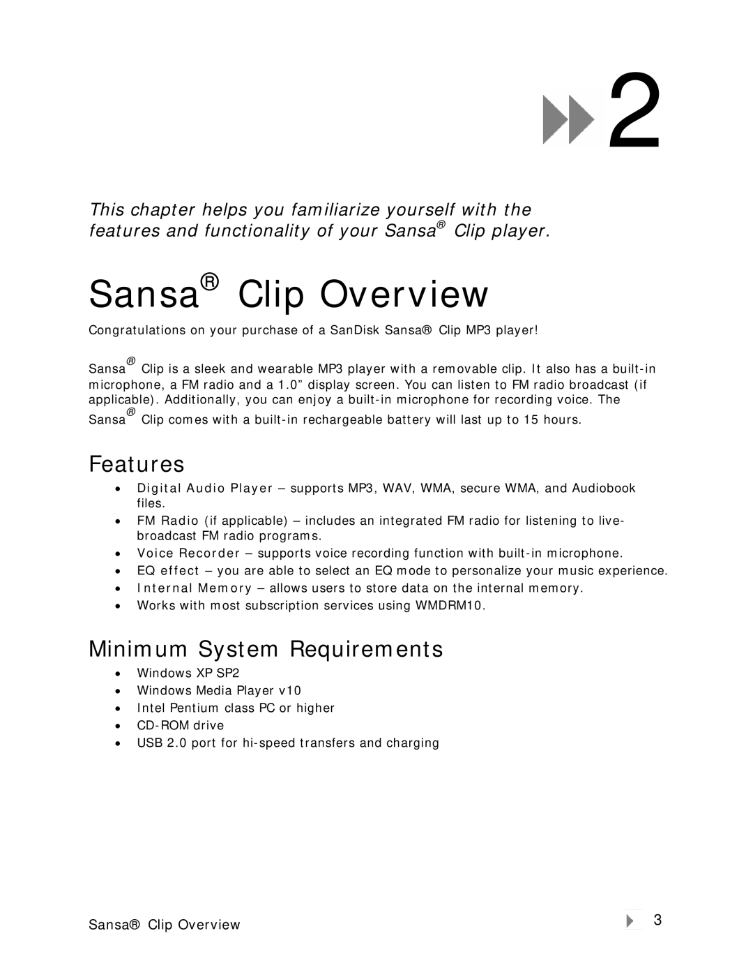 SanDisk user manual Sansa Clip Overview, Features, Minimum System Requirements 