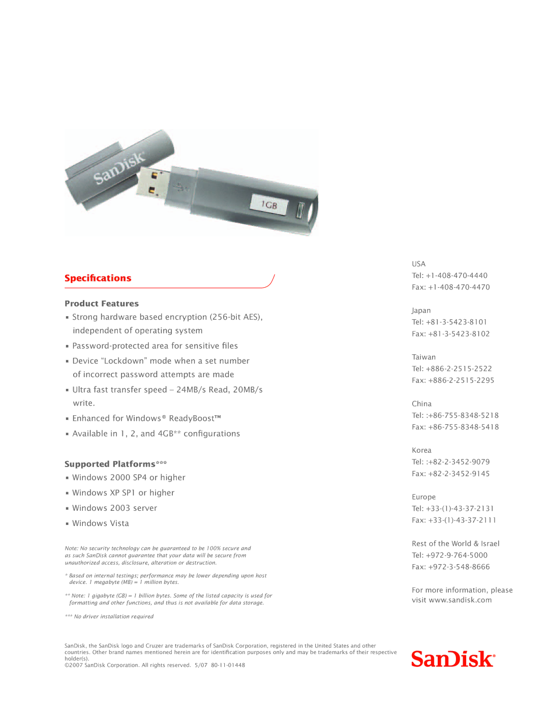 SanDisk Cruzer Professional manual Specifications, Product Features, Supported Platforms, Usa 