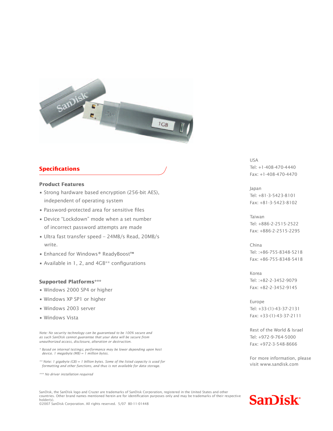 SanDisk Cruzer Professional manual Specifications, Product Features, Supported Platforms, Fax +972-3-548-8666 
