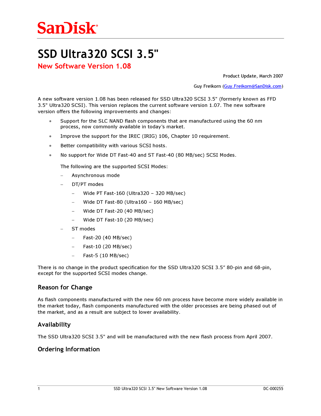 SanDisk DC-000255 manual SSD Ultra320 Scsi, New Software Version, Reason for Change, Availability, Ordering Information 