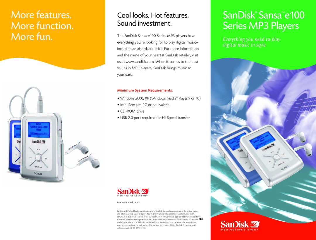 SanDisk manual More features More function, SanDisk Sansae100 SeriesMP3Players, Minimum System Requirements 