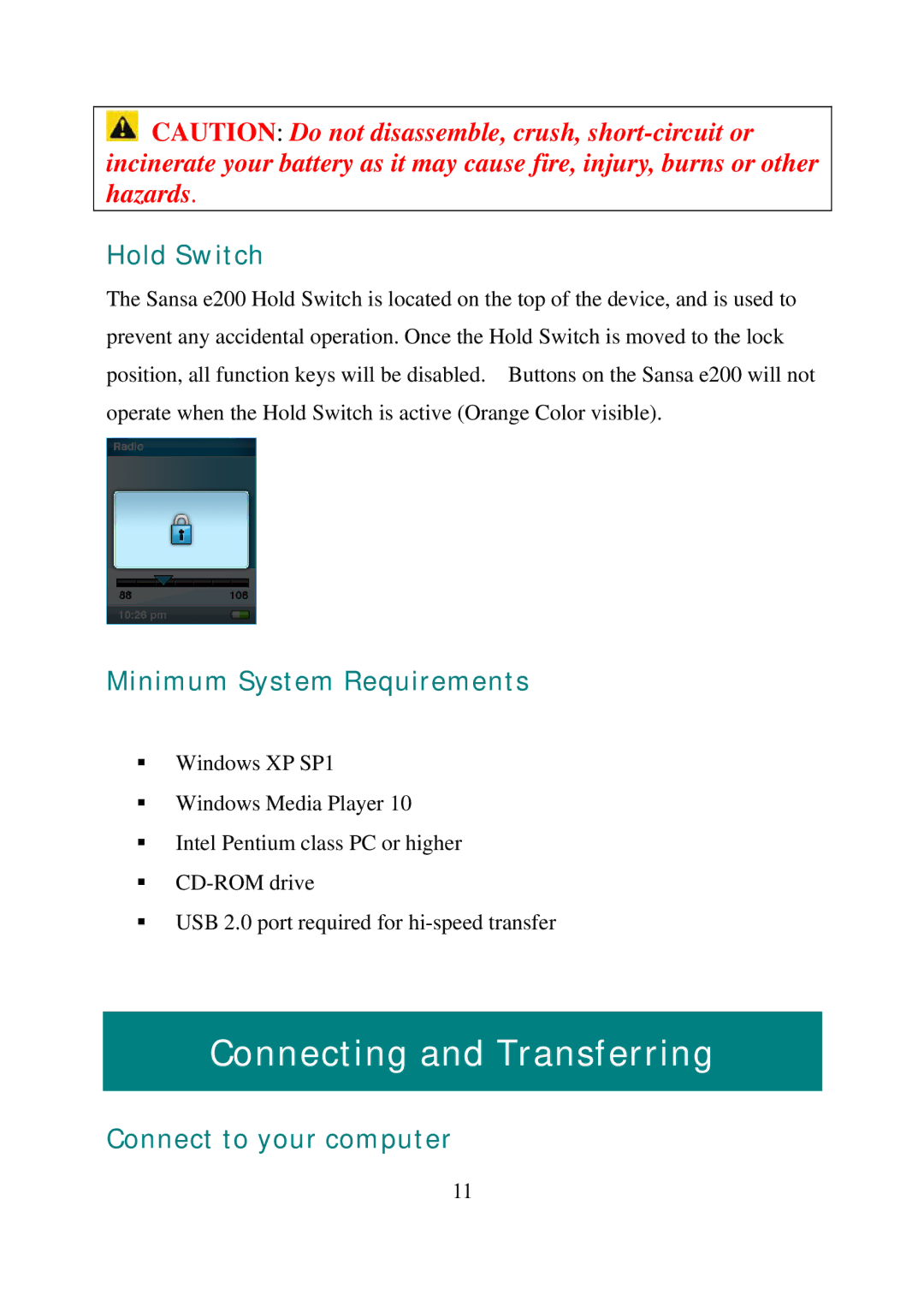 SanDisk e200 manual Connecting and Transferring, Hold Switch, Minimum System Requirements, Connect to your computer 