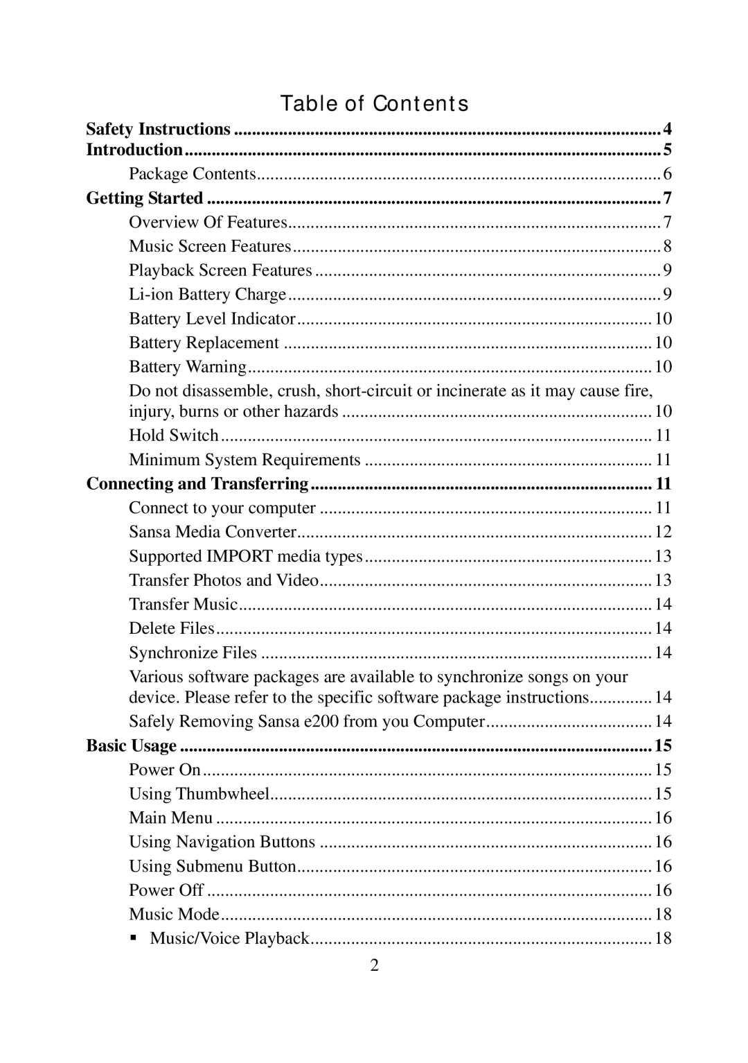 SanDisk e200 manual Table of Contents 