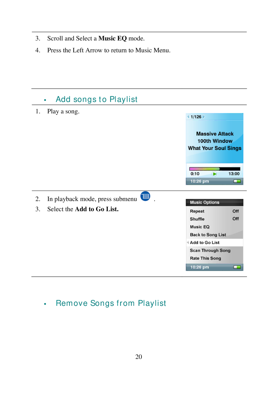 SanDisk e200 manual ƒ Add songs to Playlist, ƒ Remove Songs from Playlist, Select the Add to Go List 