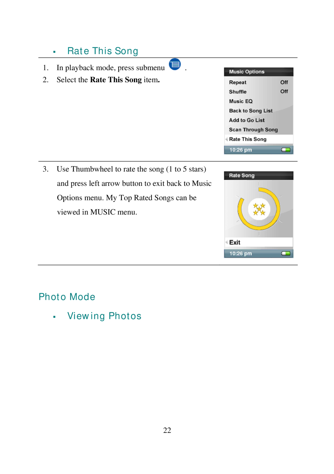 SanDisk e200 manual ƒ Rate This Song, Photo Mode ƒ Viewing Photos, Select the Rate This Song item 