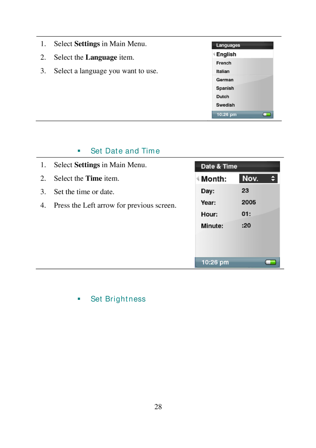 SanDisk e200 manual ƒ Set Date and Time 