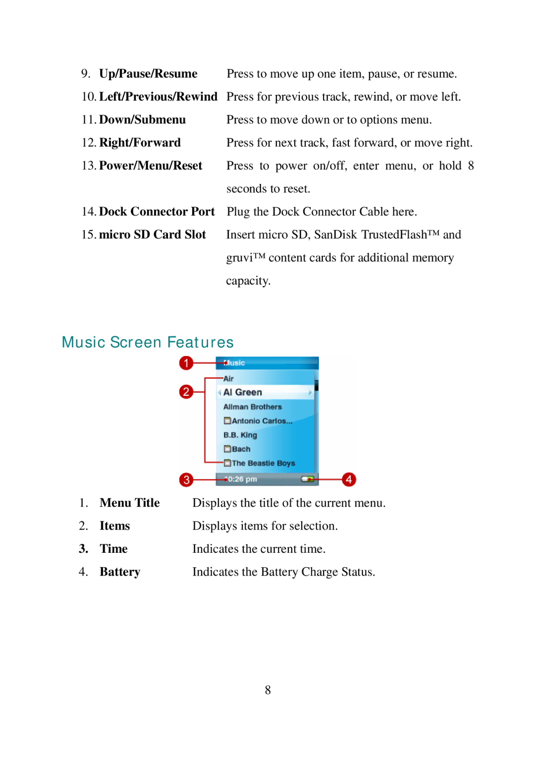 SanDisk e200 manual Music Screen Features 