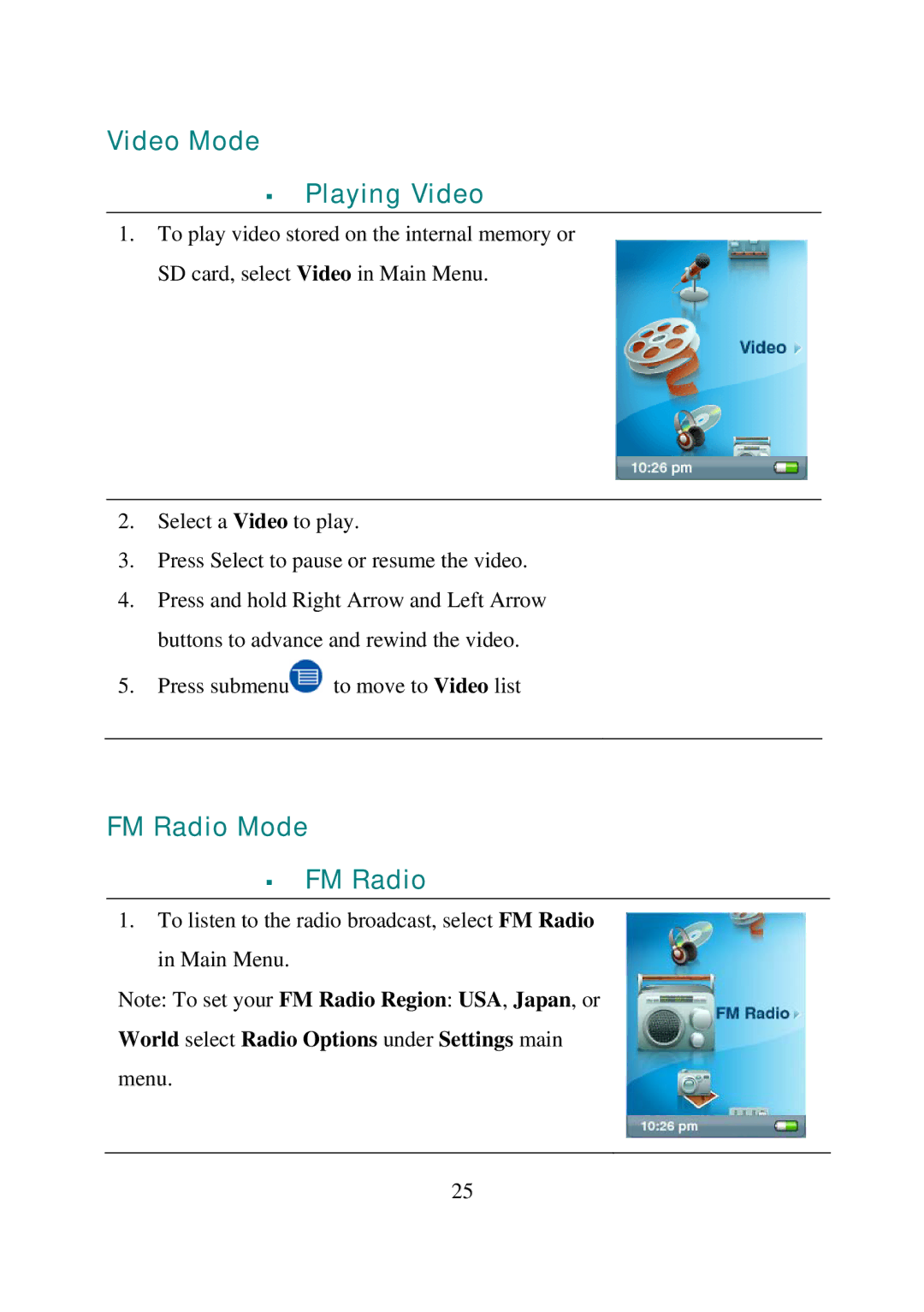 SanDisk e200 manual Video Mode ƒ Playing Video, FM Radio Mode ƒ FM Radio, World select Radio Options under Settings main 