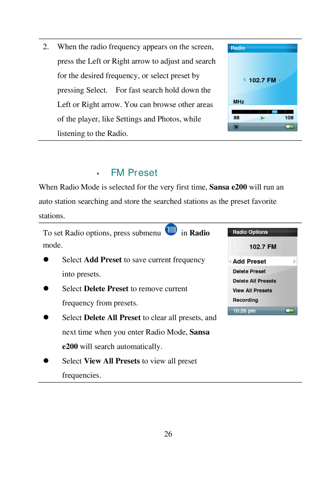 SanDisk e200 manual ƒ FM Preset 