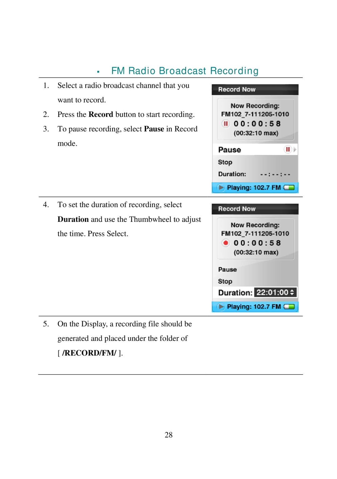 SanDisk e200 manual ƒ FM Radio Broadcast Recording 