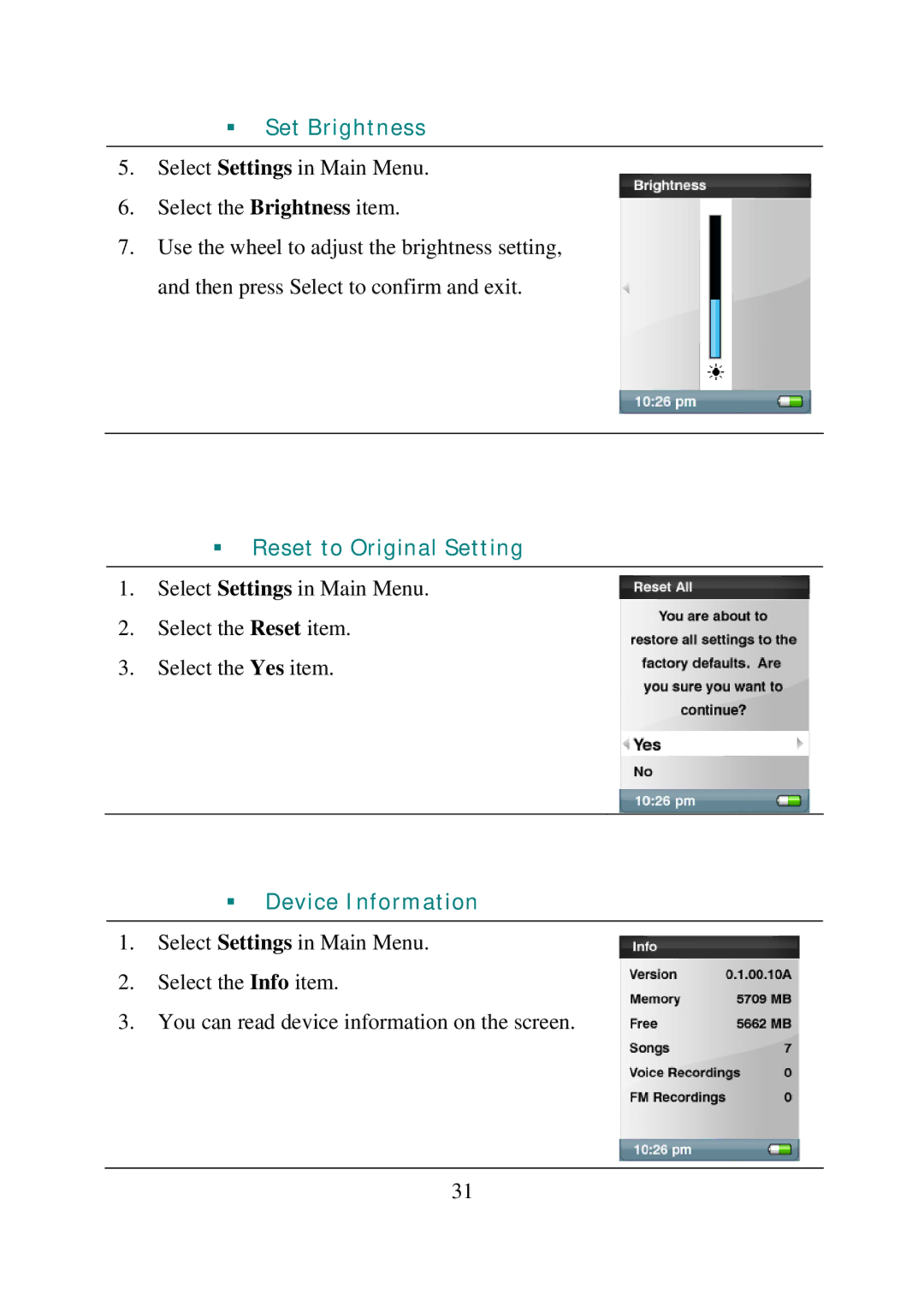 SanDisk e200 manual ƒ Reset to Original Setting 