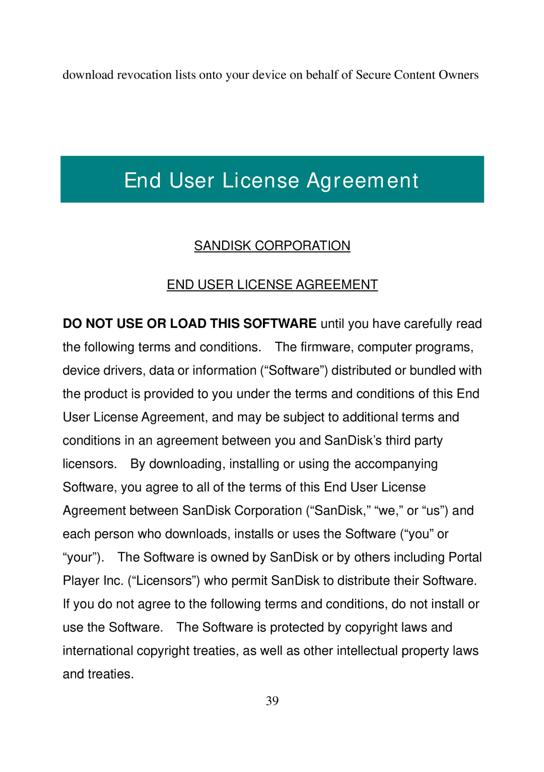 SanDisk e200 manual End User License Agreement 