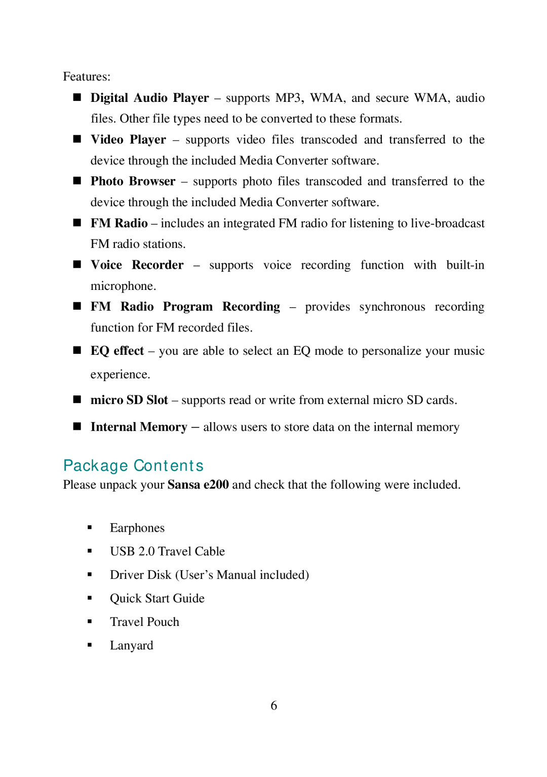 SanDisk e200 manual Package Contents 