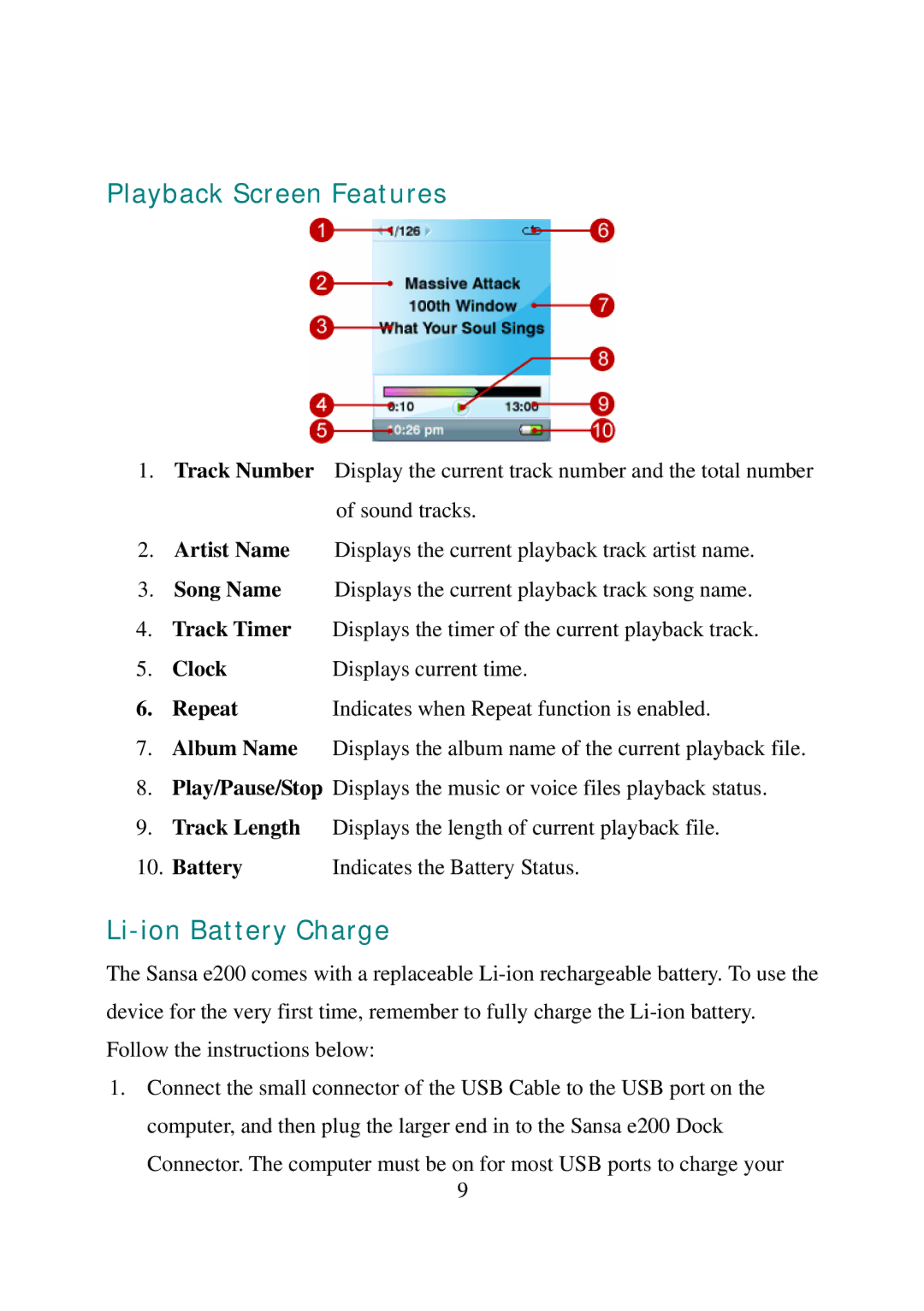 SanDisk e200 manual Playback Screen Features, Li-ion Battery Charge, Clock, Repeat 