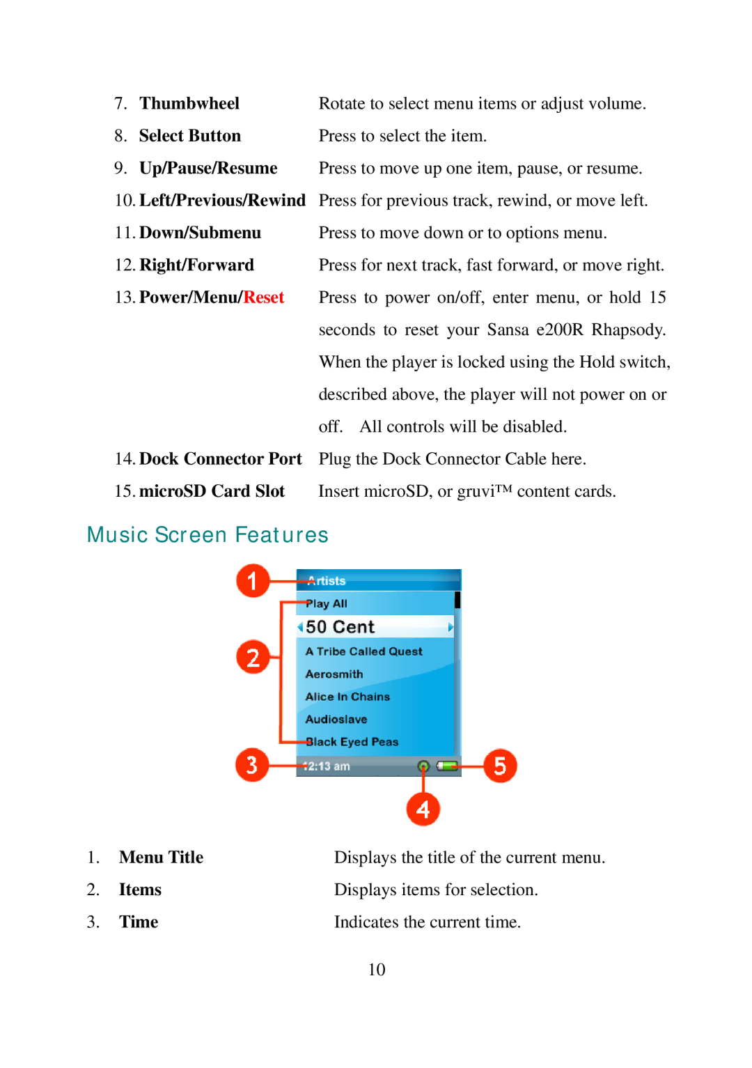 SanDisk E200R manual Music Screen Features 