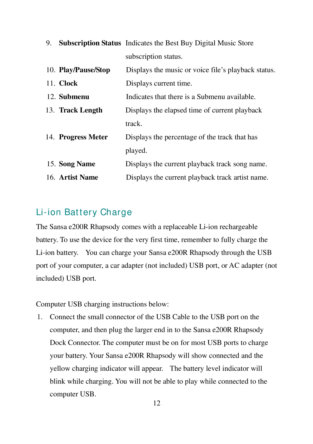 SanDisk E200R manual Li-ion Battery Charge, Clock, Submenu, Song Name, Artist Name 