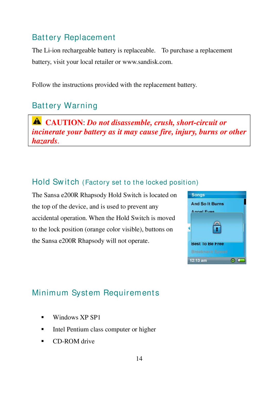 SanDisk E200R manual Battery Replacement, Battery Warning, Minimum System Requirements 