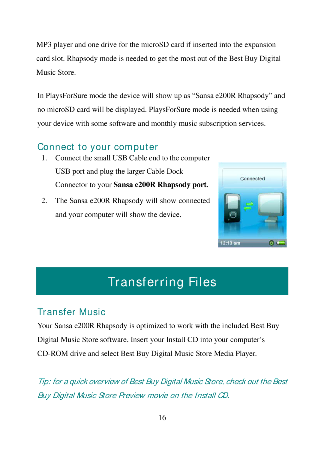 SanDisk E200R manual Transferring Files, Connect to your computer, Transfer Music 