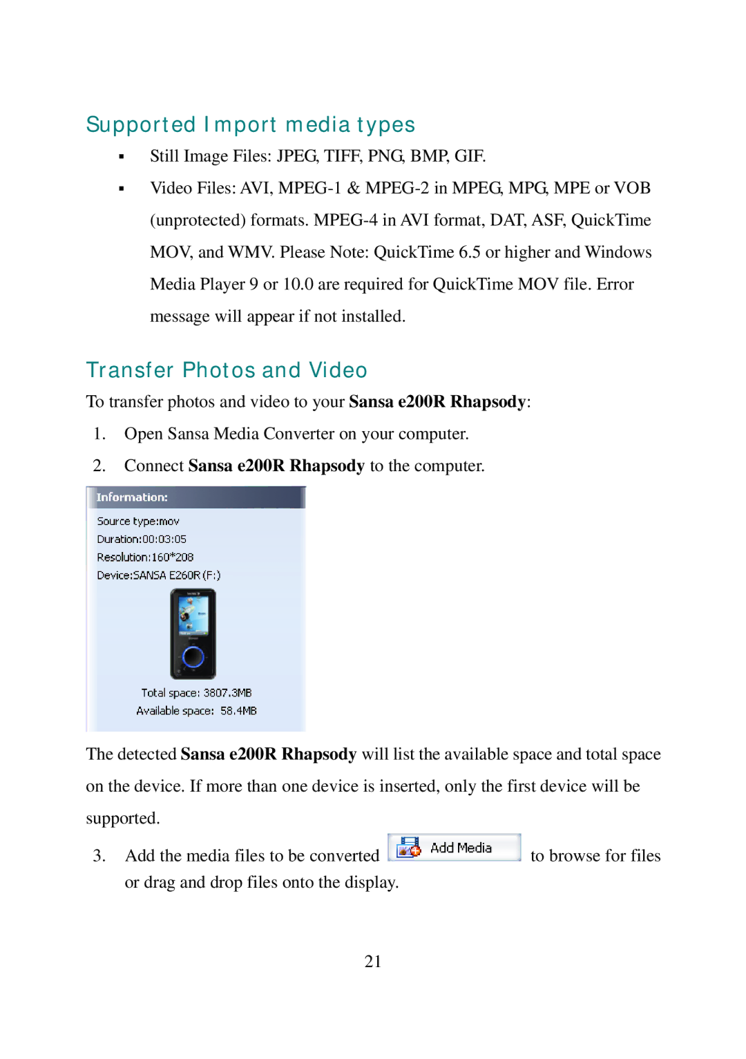 SanDisk E200R manual Supported Import media types, Transfer Photos and Video 