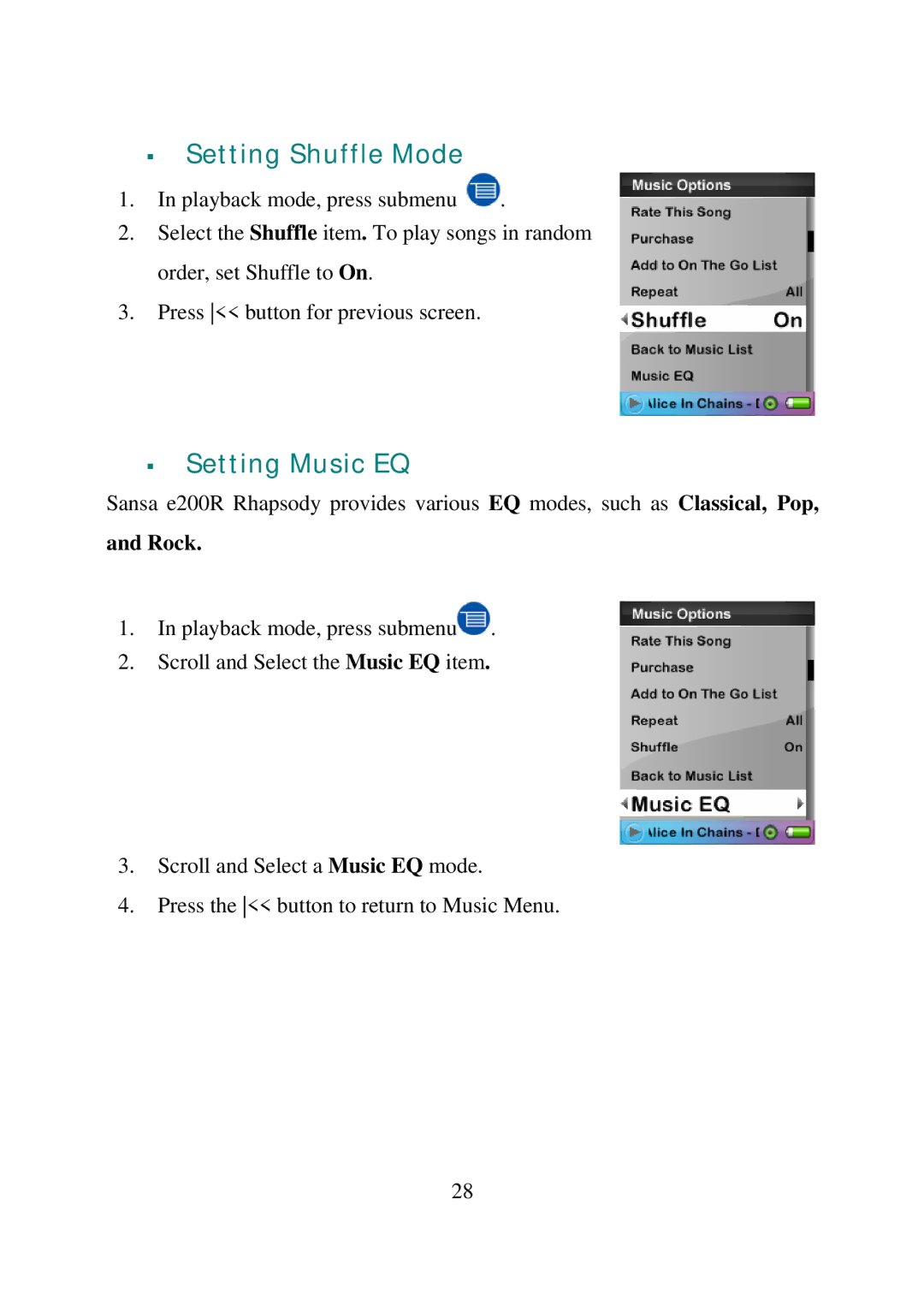 SanDisk E200R manual Setting Shuffle Mode, Setting Music EQ, Rock 