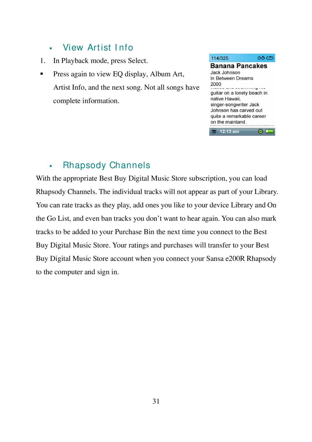 SanDisk E200R manual View Artist Info, Rhapsody Channels 