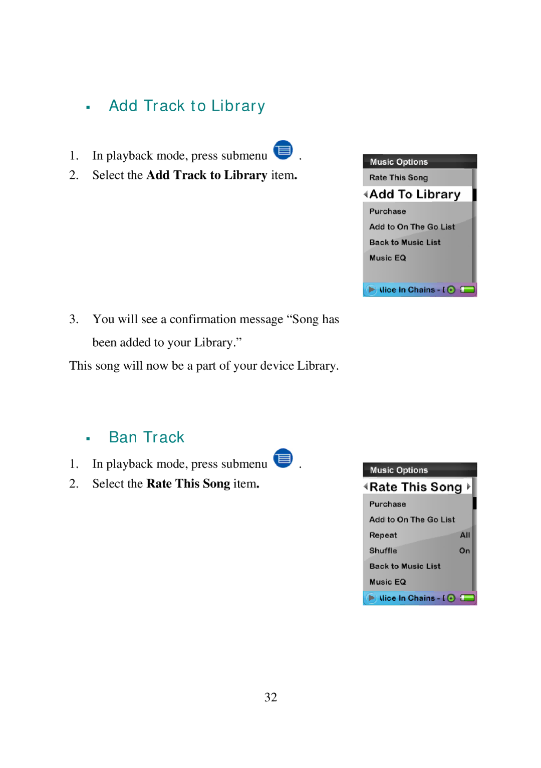 SanDisk E200R manual Ban Track, Select the Add Track to Library item 