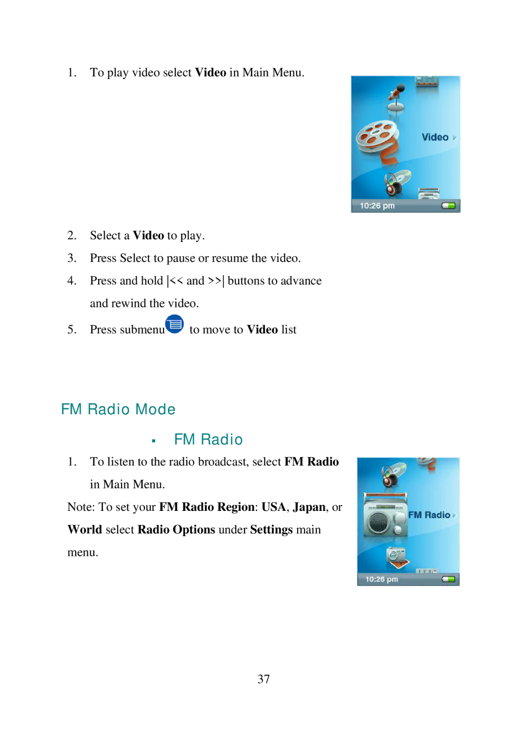 SanDisk E200R manual FM Radio Mode, World select Radio Options under Settings main 