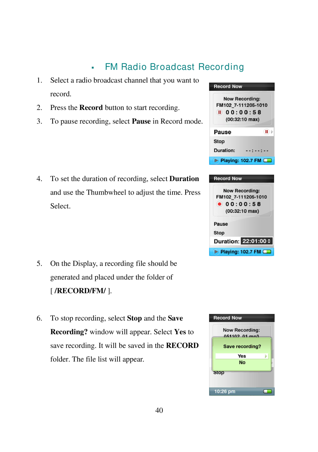 SanDisk E200R manual FM Radio Broadcast Recording 