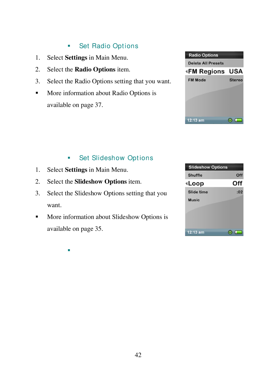 SanDisk E200R manual Set Radio Options, Set Slideshow Options, Select the Slideshow Options item 