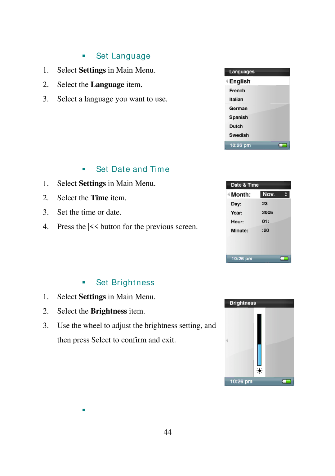 SanDisk E200R manual Set Language, Set Date and Time, Set Brightness 